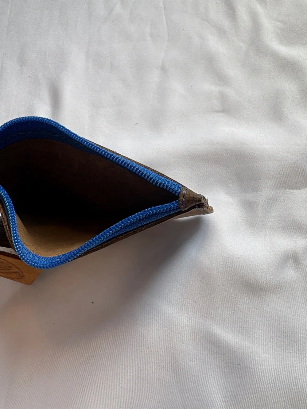 Brown Leather Zip Wallet with Blue Zipper